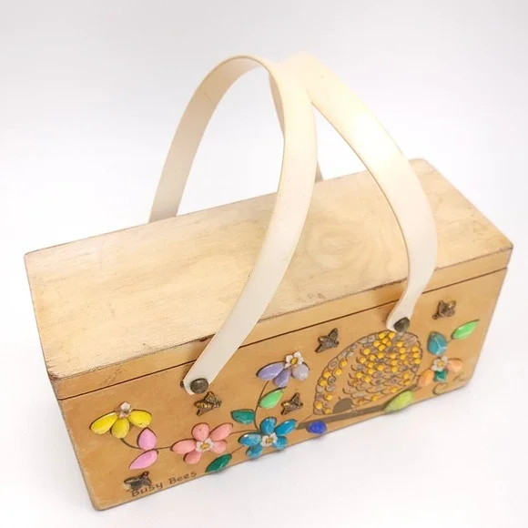 Enid Collins Of Texas 1960's Wood Box Purse "Busy‎ Bees" Boho Vintage Handbag - Picture 3 of 13